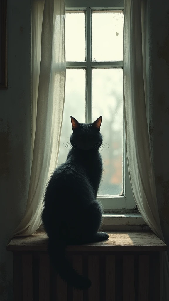 A scene of a cat looking lonely and isolated, left alone in the house for a long time. The cat gazes out the window, waiting for the owner to return. The background shows an empty room, emphasizing the cat’s solitude as it waits all by itself.