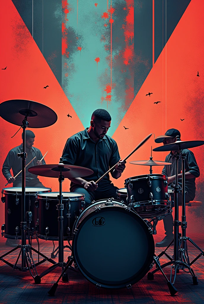Create an image by mixing acoustic drums, trap music style and graphic design