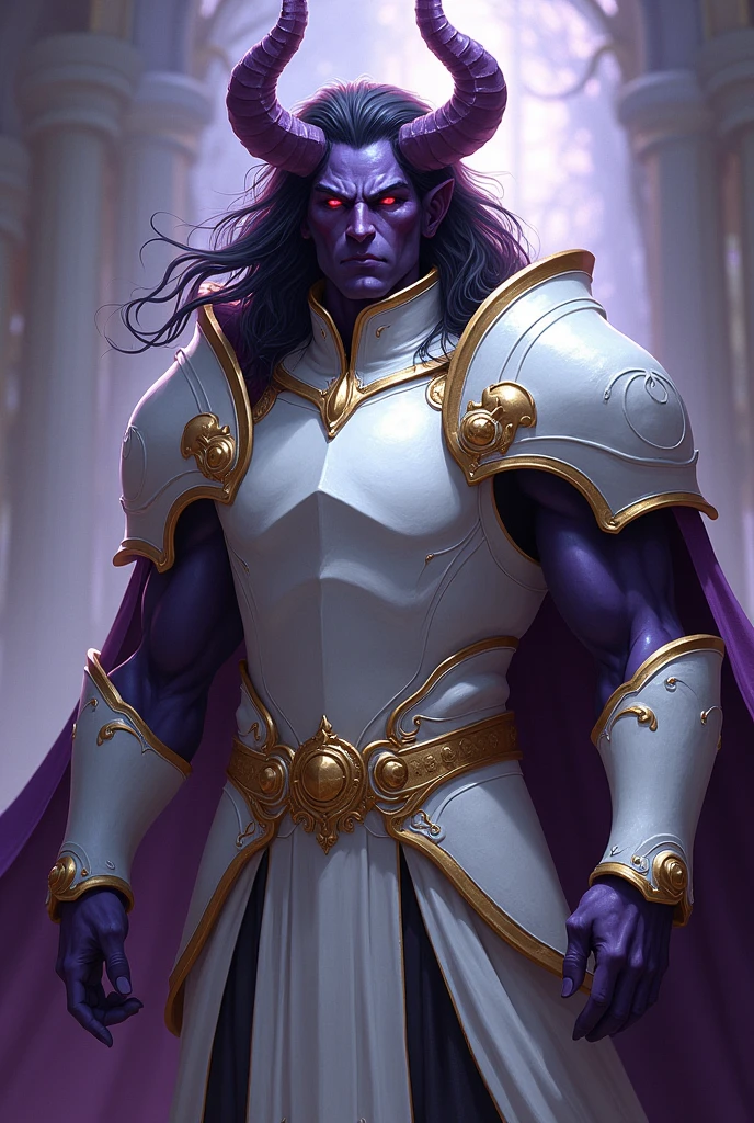 Tiefling Paladin male dark purple skin, red eyes, dark hair, white Holly armor, whith horns