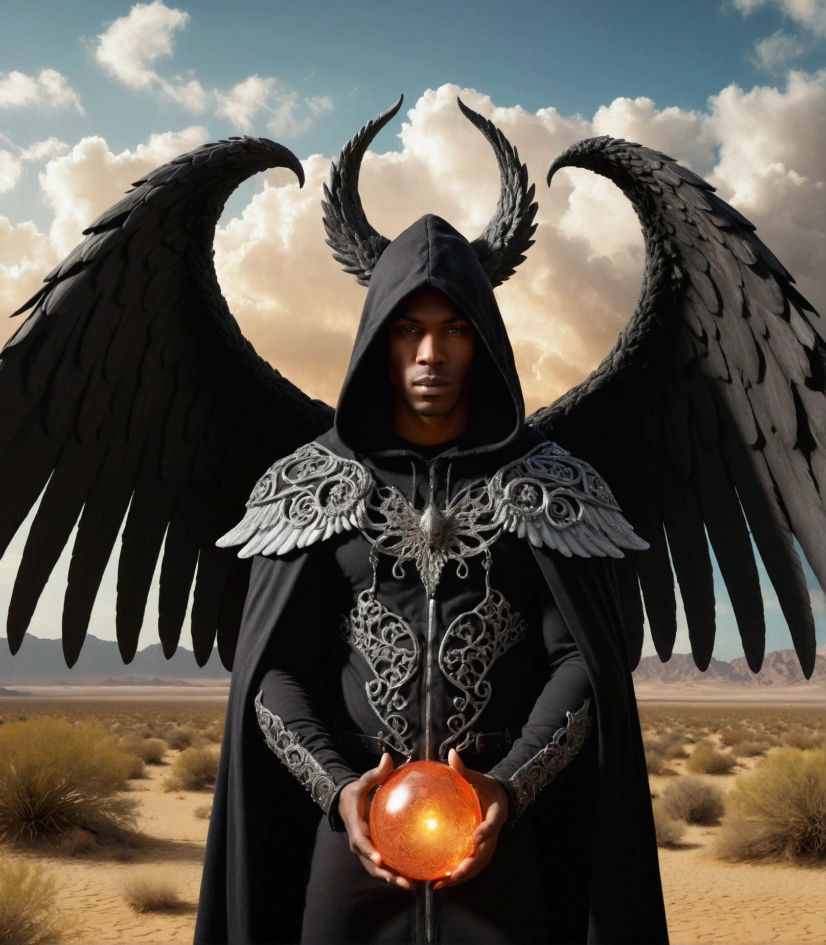 Surreal fantasy artwork featuring a central figure with a hooded cloak and large, intricately detailed, anatomically correct wings, standing in front of an ornate, gothic-style throne. The figure's face is obscured by the hood, adding an air of mystery. They hold a glowing, fiery orb in their hands, with vibrant, high-contrast lighting. Flanking the figure are two black, muscular dogs with pointed ears, each wearing a detailed harness. The background is a vast, arid desert landscape under a sky with scattered clouds, creating a stark contrast with the detailed and dark elements of the central subjects. The overall color palette includes warm desert tones and dark, shadowy hues, with a focus on high-resolution, super-detailed textures and intricate patterns.