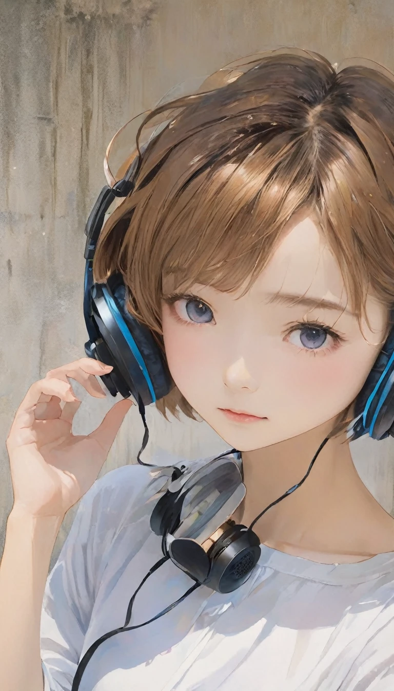 masterpiece、Highest quality、1.woman、20-year-old、((short hair))、Surrealism、Headphones、Look down。
