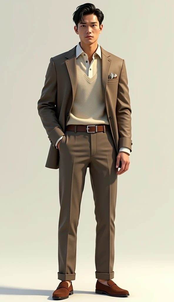 ((masterpiece,best quality,8k,highres)),((character concept art)), 1 male, 2 Asian male, college student, son of the richest man in the country, spoiled rich kid, handsome, tall, perfect body build, ((intricate detail)), super finely detailed hands, ultra finely detailed fingers(((ten fingers))), wearing Loro Piana outfit: cashmere sweater, tailored trousers, leather belt, suede slip-on, (standing casually), (full body showcase), (show full body), (no logos on background), (no logo), ((plain background)), ((plain background)), (((empty background)))