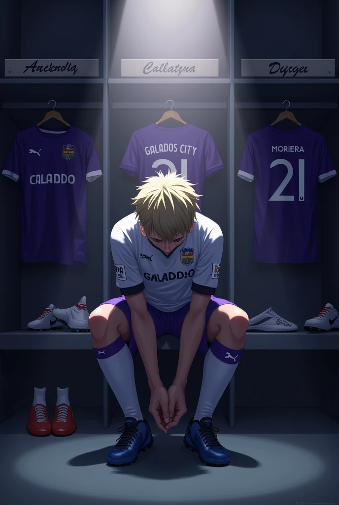 Make an image of ONE player tying his boots alone, with lights completely obscuring his face and him with short, light blonde hair, the locker room is dark and the spotlights are shining on him and the Galados City team, uniform in white and purple colors and I want you to put a shirt behind and on top of it with the number 21 and the name MOREIRA and the name of the team just above written on a sign