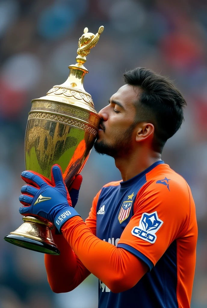 Chivas de Guadalajara player El Fofó bautista kissing the MX Cup with a red and a blue glove and the goalkeeper suit of the Chivas de Guadalajara, and in the background of the image a photo of the team symbol