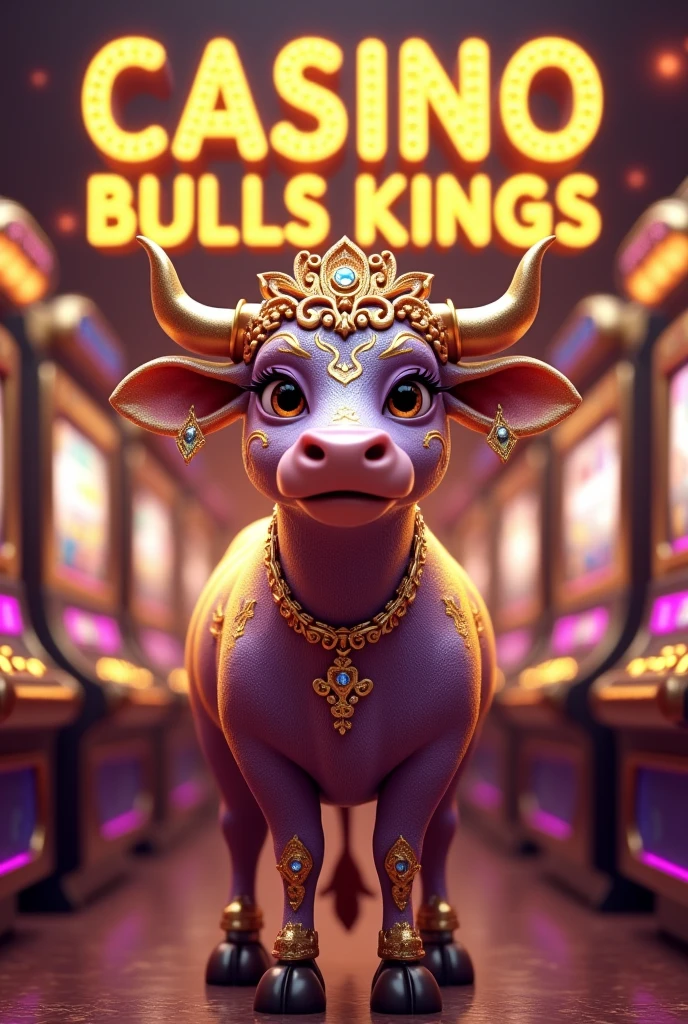 3D animation of a golden and purple female cow with name on top "Casino Bulls Kings" with gold letters and diamonds.
Golden slot machines in the background.