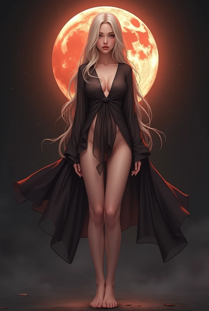 (hyper realist), (illustration), (high resolution), (8k), (extremely detaild), (best illustration), (beautiful eyes detailedbest quality), (super verbose), (work of art), (wall-paper), (face detailed), standing alone, 1 girl, blond, heterochromic eyes (sexy sheer tunic), (crotch exposed), Legs long, tight abdomen, no chest leak, (((flat-chested))), (camel toe), (see through), blood moon background , standing