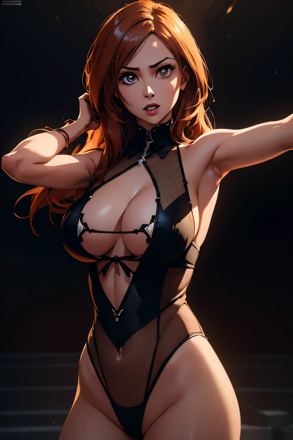 A woman wearing lingerie, sleeveless, long hair, dynamic pose, 3d, (8k), detailed texture,(hyperdetailed), (photo realistic), cinematic light, cinematic action, highly detailed, realistic, Isometric, full body, in frame, driven expression, dark theme, (extremely detailed eyes), detailed symmetric realistic face, extremely detailed natural texture, masterpiece, extremely detailed, amazing, fine detail, rich colors, hyper realistic lifelike texture, dramatic lighting, unreal engine, trending on art station, photo realistic, RAW photo, high quality, high res, sharp focus, extremely detailed, cinematic lighting, 8k, high definition, cinematic, neoprene, unreal engine 5, ultra sharp focus
