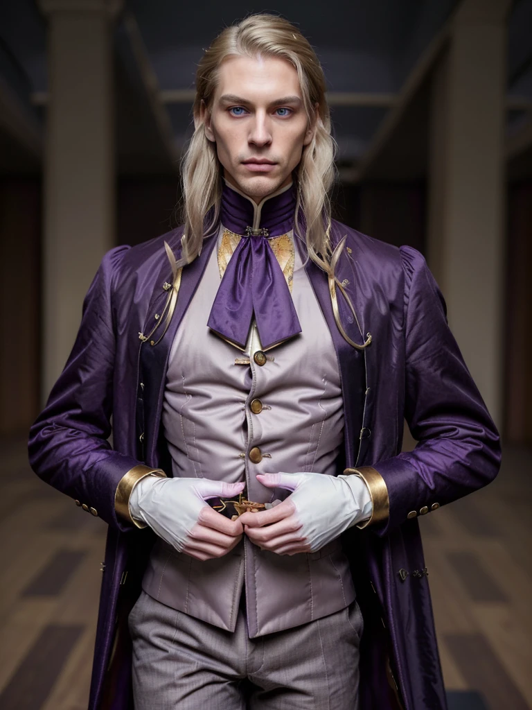 Pale and tall man, Appears to be 30-3. It's been a long time (to the waist) With light blond hair with a golden tint, Thin gray-blue eyes with dark purple eyeshadow and noticeably high cheekbones. His clothes are in Victorian style, old, Long dark burgundy jacket with lavender lining and gold pins on the folded cuffs. Under his jacket he has a purple vest over a white ruffled shirt, Wearing classic purple trousers, In dark blue knee-high boots and gloves of the same color.
