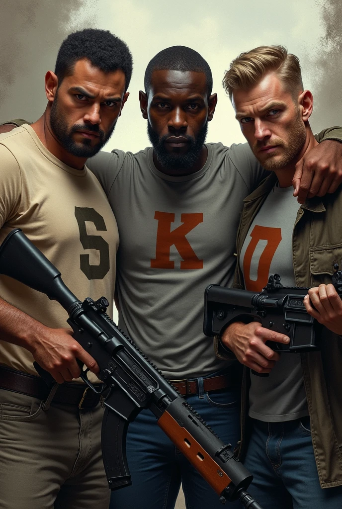 Three men, one dark-skinned and two skin-colored, with weapons and on their shirts the letter (s) the other la letra (k) y the other (D) dos hombres son de color piel blanca y the other es moreno uno con la letras (s) the other (k) y the other (D)