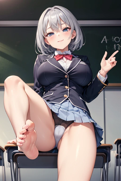 (((stand with feet apart、Shooting from below、Shiny underwear))、(((Accentuate the crotch)))、Highest quality, 8k, masterpiece :1.3)), whole body, Sharp focus :One Girl,Glowing Skin,SSexy pose,Highest quality,Tabletop,shape,Very delicate and beautiful,Hmph,8k壁紙,wonderful,In detail,Official Art,Very detailedなティッカーUnity 8k壁紙,Incredibly ridiculous,Large file size,Very detailedな,High resolution,Very detailed,Beautiful detailed,Realistic,X-ray,The queue is full,(((Uniform Blazer、mini skirt)))、(((Big Breasts、Silver Hair)))、(((School、classroom)))、Stand upright、Cleavage , ((Silver Hair))、Uniform Blazer、Sexy pose、Hairstyle: Short Hair、both hands、