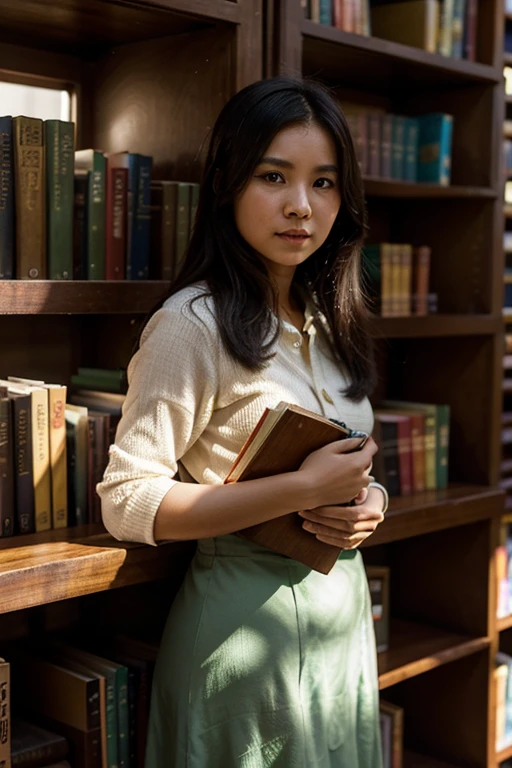 A 30-year-old Vietnamese woman, modestly dressed, stands in a sunlit library surrounded by shelves of books, her focused expression reflecting determination, with warm wooden tones and soft shadows enhancing the scholarly atmosphere.
