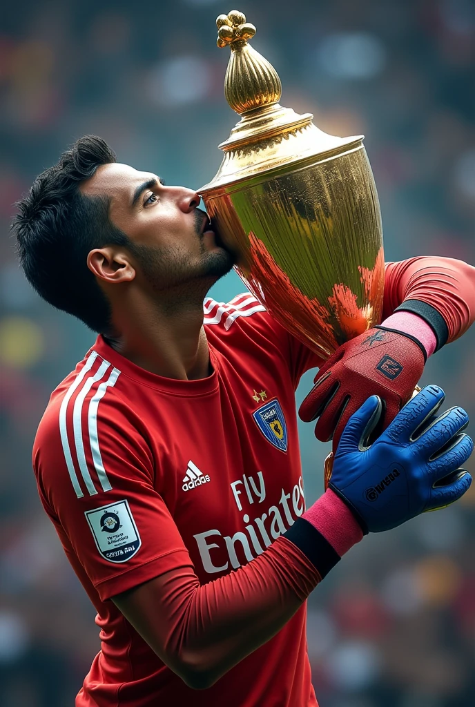 Chivas de Guadalajara player El Fofó bautista kissing the MX Cup with a red and a blue glove and the goalkeeper suit of the Chivas de Guadalajara, and in the background of the image a photo of the team symbol