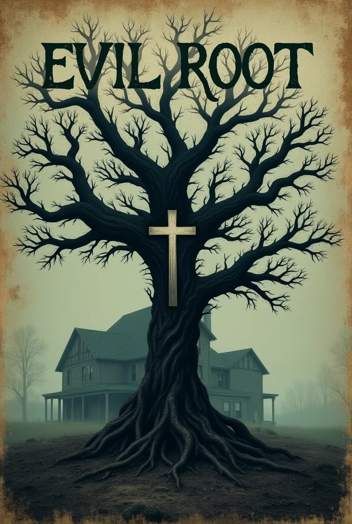 Create a cover for my book which is about horror ,His name is evil root. There has to be a tree, the name evil root, and a cs. Make a vintage image that is a little minimalist, but make it more terrifying. Make it more realistic, and less likely to have the name evil root and have a little house nearby, but with the appearance of an old cover and with the name evil root in the middle and with a very haunted appearance, a little more realistic, with the cross stuck in the trunk of the tree with nothing written underneath. A scarier cover with realism, with a cross shape, but with a lot of realism and very scary.









