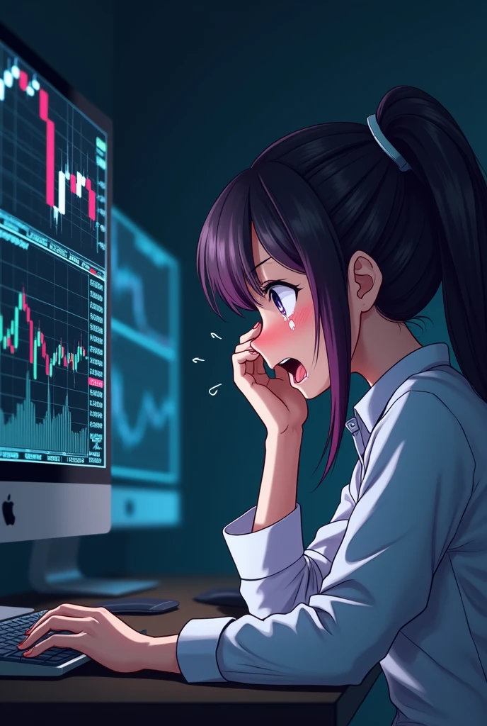 Bad trader,trend,Looking at the charts,PC is struggling,Japanese style anime woman,I'm disappointed,Crying loudly