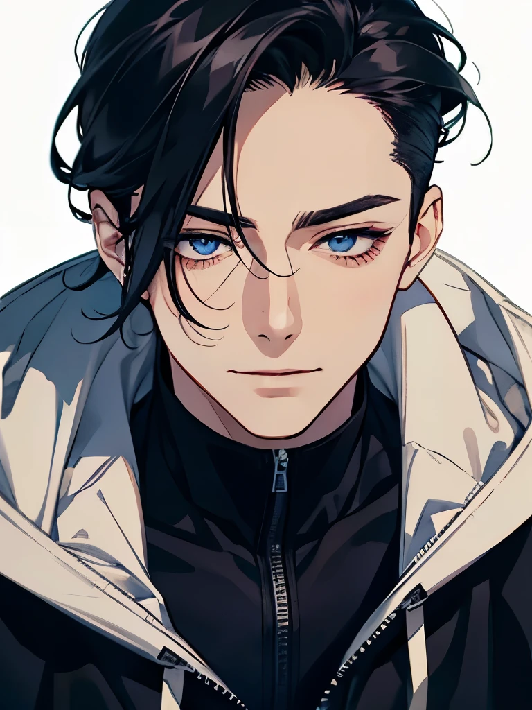 1 male mature, A man, simple, eye contact, face close-up, asian eyes, pale skin, black hair, dark blue eyes, half closed eyes, small eyes, elegant, hair slicked back, hoodie. Office Background. CEO. Expression smile in love.