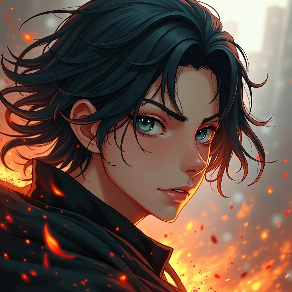 long black hair, teal blue eyes, long lashes, white and pale skin. smooth. (((masterpiece))) male. Young male. sexy. No facial hair or body hair. Delicate and pretty facial features. He's kicking someone's ass brutally and violently.
