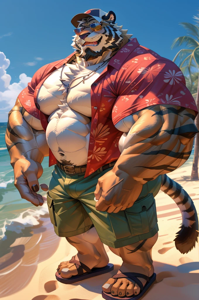 1boy, 1man, solo, a (furry tiger) standing, raising hand, (face, detailed face, bearded, white beard, thick mustache), (sunglasses, sandals, baseball hat), beach, extremely huge muscular, massive muscular , sixpack , (Hawaiian shirts, cargo shorts), well-muscled old man. ((extremely muscle size, super thick arms, huge pec, hyper pec, bigger chest, extremely wide pectoral , huge arms)), wide smiling. Add textures and details to make the image more realistic, such as the appearance of the. Make sure the resulting image is high resolution, 8K quality