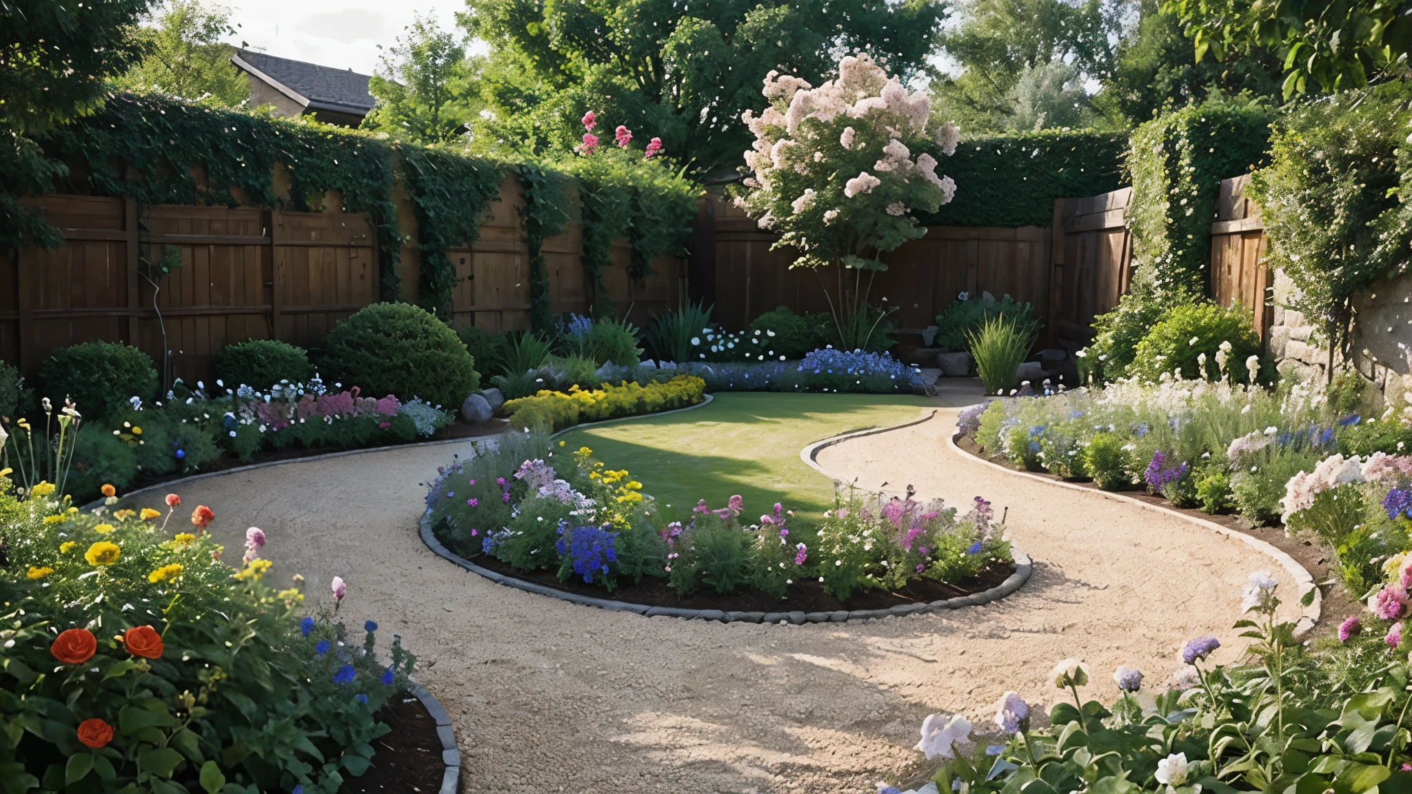 beautiful garden with flowers and rocks