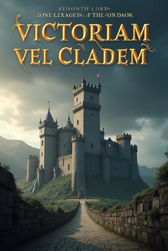 Realistic cover of a book with the name Victoriam Vel Cladem in large letters , with the image of a castle , author : Jennifer from Rosario