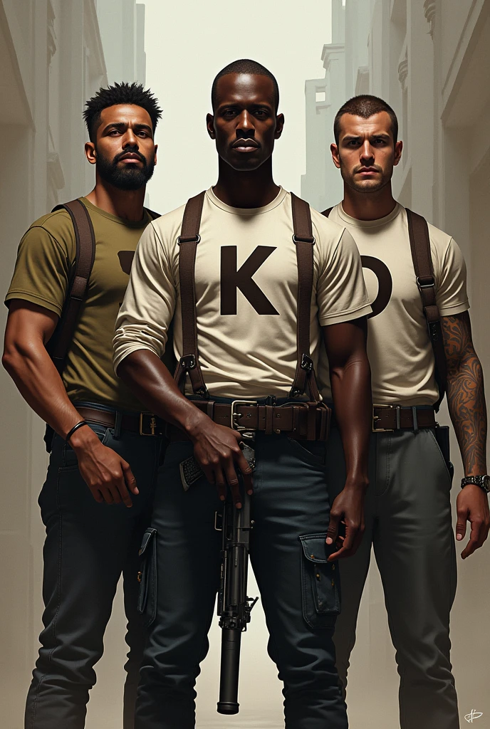 Three men, one dark-skinned and two skin-colored, with weapons and on their shirts the letter (s) the other la letra (k) y the other (D) dos hombres son de color piel blanca y the other es moreno uno con la letras (s) the other (k) y the other (D)