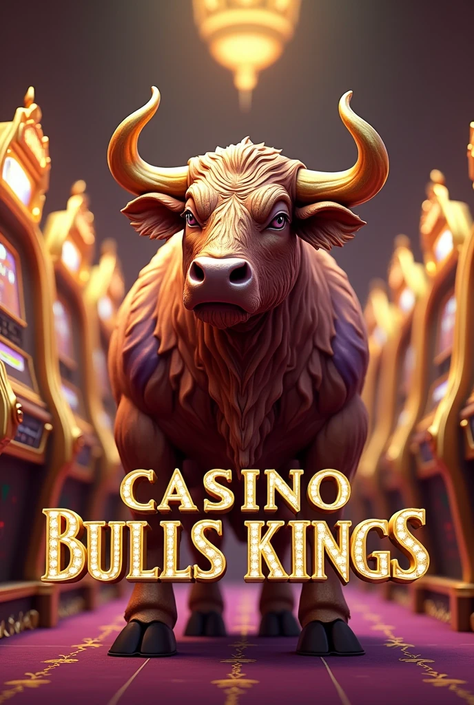 3D animation of a gold and purple bull with the name on top "Casino Bulls Kings" with gold letters and diamonds.
Golden slot machines in the background.