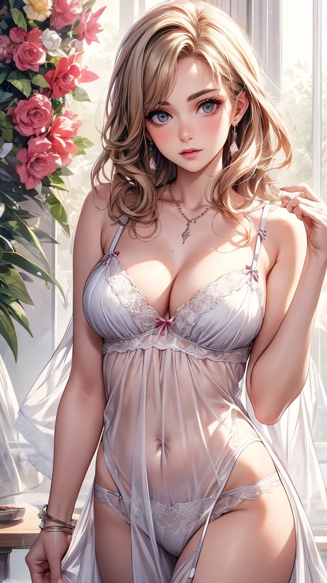Natalia Dyer, Wear Color (Nightgown), ((lingerie)) On the Farm, Close-up shot, whole body, Very detailed, Playboy Centerfold, Playmate, 8k, Trending on Art Station, Complex, Attention to detail, Sharp focus, Model shot,