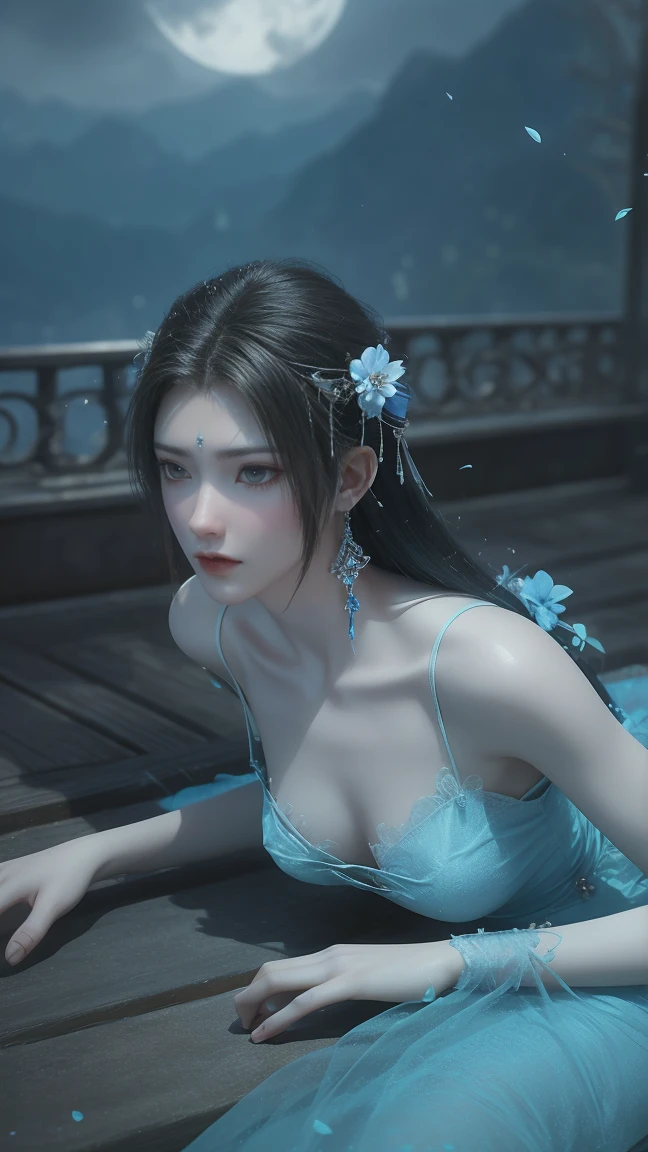 A beautiful woman with perfect curves wearing a long blue dress that gently flutters in the air,The beautiful woman was lie down in a sea of beautiful flowers surrounding her, Chinese traditional, her flexible body increasing with every movement, So enchanting, the dim candlelight, the glowing butterflies fighting the darkness of the night, the light of the moon, The night wind blowing the curtains, the blue flower petals , flower petals flying around the room, Chinese dancing, This woman is so beautiful that she attracts everyone who watches her, ancient China, imperial empress