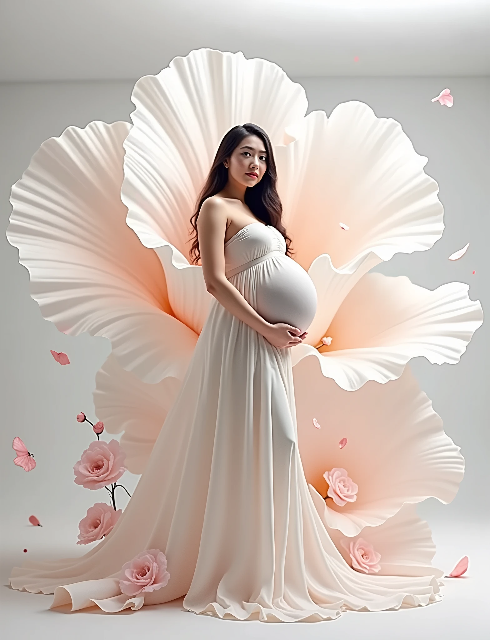 pregnant woman very big flower in background model marge with background some flower leaf comming on model , leaf flowting in air , white background, flower should be red , red flower , girl marge in background with flower s