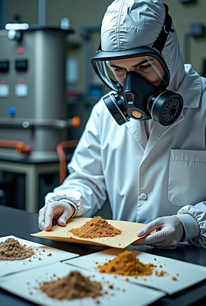generates the image of a chemical laboratory worker with a white lab coat and a 3M respirator with dust and vapor filters, where you can see up close how it represents a mineral sample in powder form in four parts and how one part is placed inside a labeled envelope and in the background you should see a mineral sample crusher, This background display is mandatory
