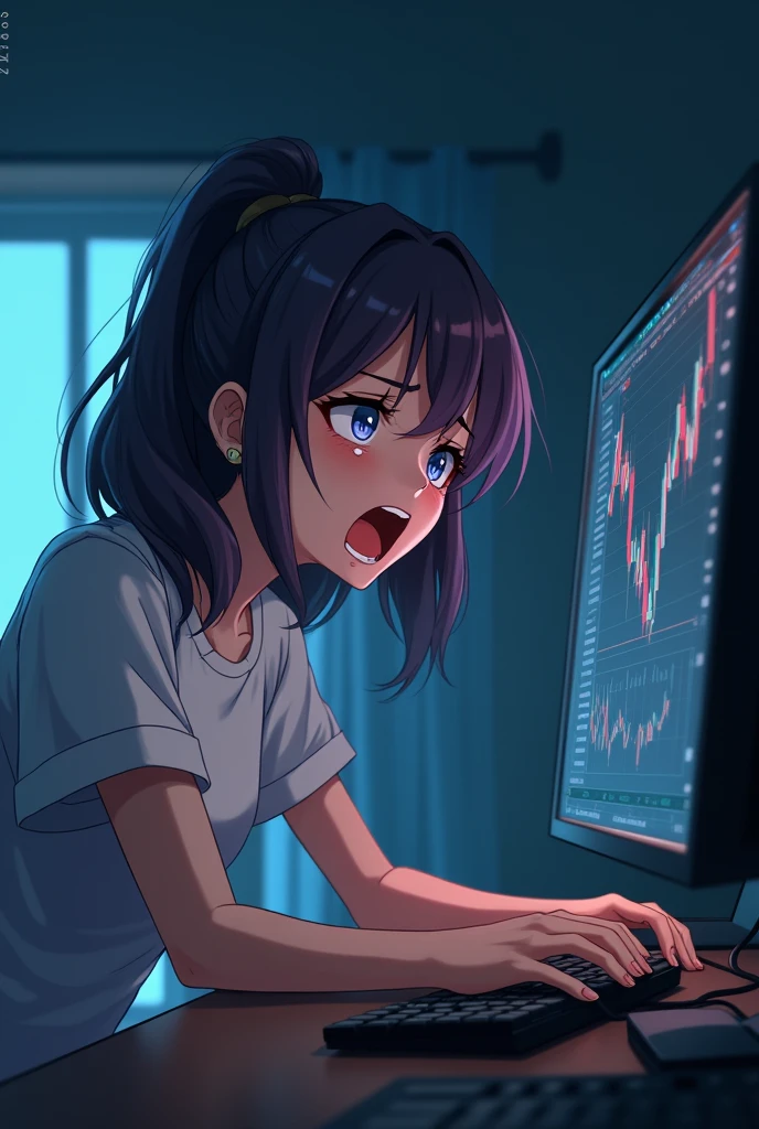 Bad trader,trend,Looking at the charts,PC is struggling,Japanese style anime woman,I'm disappointed,Crying loudly