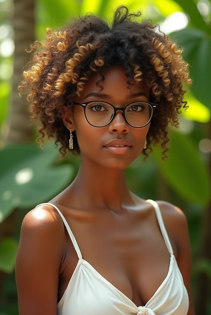A Brazilian woman from Bahia with short brown hair with blonde tips,curly hair with 4c curls,dark brown eyes with full lips merchant looks with eyes half slanted with glasses, Round face , White and skinny in a garden