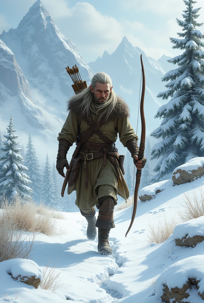 an elf man archer hunter in the snow
