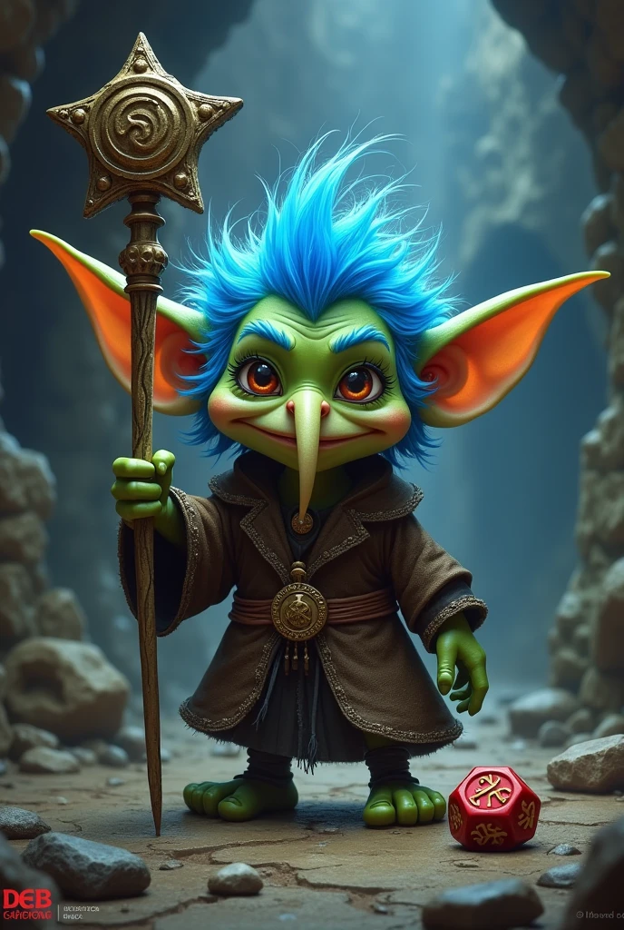 a goblin with blue hair wearing Sceptre avec un dé dnd