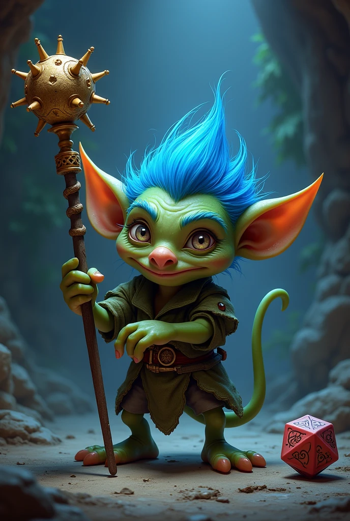 a goblin with blue hair wearing Sceptre avec un dé dnd