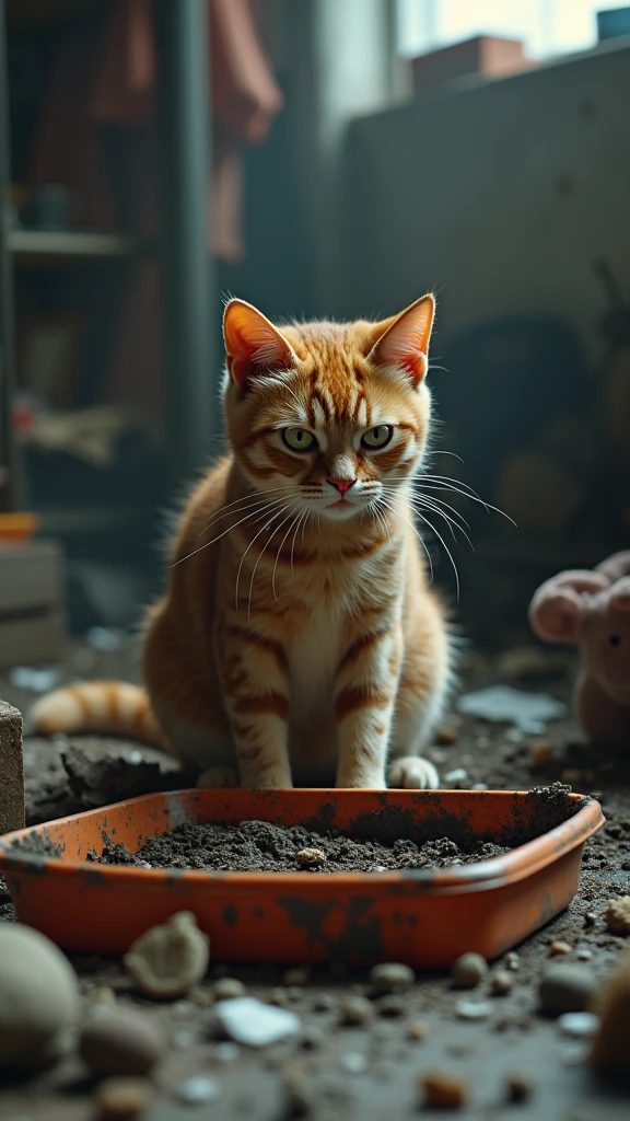 A scene of a cat with a troubled expression, facing a dirty litter box. The cat looks at the litter box, clearly showing that it doesn’t want to use it. The background features a messy litter area, making it clear that the cat is feeling stressed and uncomfortable .8K