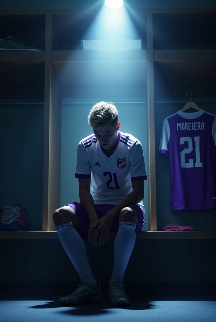 Make an image of ONE player tying his boots alone, with lights completely obscuring his face and him with short, light blonde hair, the locker room is dark and the spotlights are shining on him and the Galados City team, uniform in white and purple colors and I want you to put a shirt behind and on top of it with the number 21 and the name MOREIRA. Make your surroundings completely dark