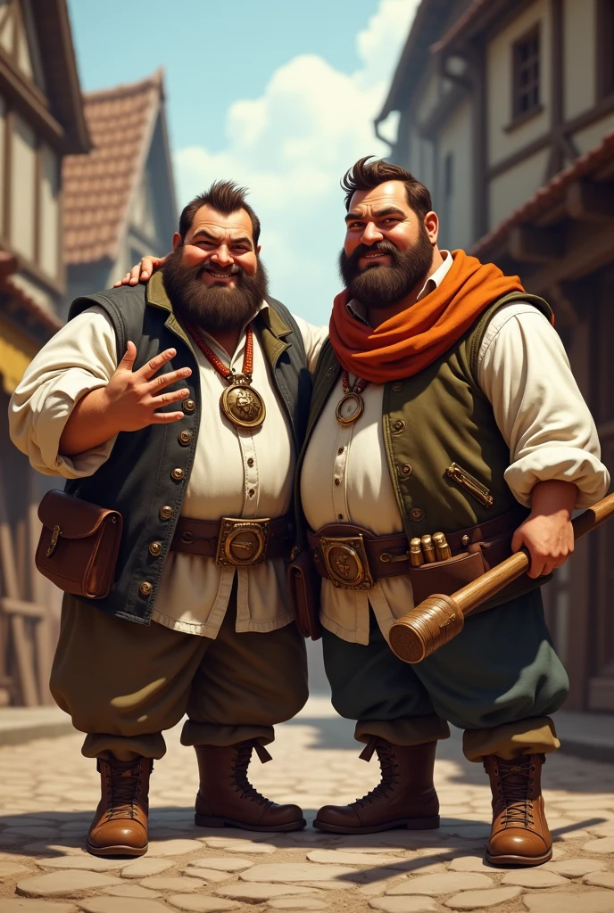 2 human trader, chubby, brown skin. Brown hair, short beard and mustache. He is dressed as a salesman from the Middle Ages and has a club as a weapon.