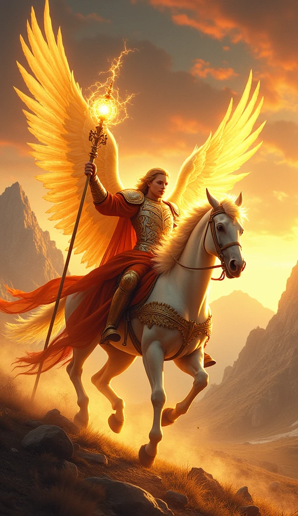 Design a hyper-realistic and striking image for the Knight of Staffs in the Lumen Angelis Tarot deck. The scene features a powerful angelic warrior, the Knight of Staffs, in full motion, riding a majestic, ethereal horse. The horse is mid-gallop, its hooves barely touching the ground, as if it’s flying just above the earth. Both the knight and the horse are bathed in a dynamic golden light, radiating energy and determination.
The knight holds a glowing staff of light firmly in one hand, raised high as a symbol of power and purpose. The staff is intricately designed, with spiraling patterns of energy swirling around it, and at its tip, a brilliant orb of light pulses with raw potential. The knight’s armor is a mix of celestial metal and flowing fabric, shining with hues of gold, red, and orange, symbolizing the fire and passion of their mission. The angel’s wings are fully extended, massive and awe-inspiring, with feathers that catch the light in a way that makes them seem almost ablaze.
The knight’s face is set in a determined expression, eyes focused on the path ahead, representing courage, action, and the willingness to face challenges head-on. The landscape around them is dramatic and windswept, with mountains in the background and a trail of light left in their wake, indicating the speed and intensity of their journey. The sky above is a vibrant blend of oranges and reds, reflecting the fiery energy of the knight.
The image should capture the essence of motion, power, and fearless pursuit, making the Knight of Staffs a symbol of unstoppable energy and the drive to achieve one’s goals. This card should reflect the traditional symbolism of the Rider-Waite Knight of Wands, while being enhanced by the divine and luminous qualities unique to the Lumen Angelis deck.