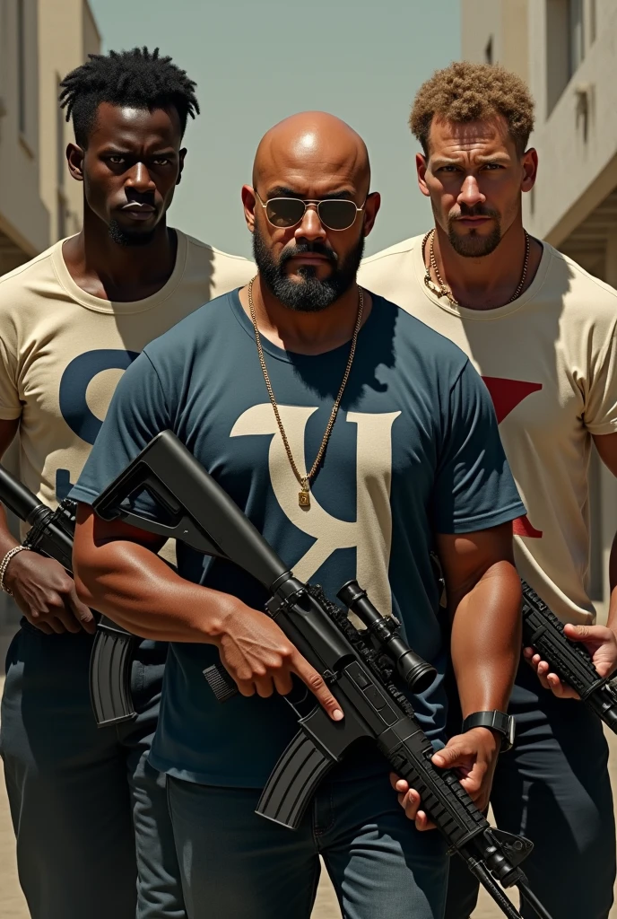 Three men, one dark-skinned and two skin-colored, with weapons and on their shirts the letter (s) the other la letra (k) y the other (D) dos hombres son de color piel blanca y the other es moreno uno con la letras (s) the other (k) y the other (D)