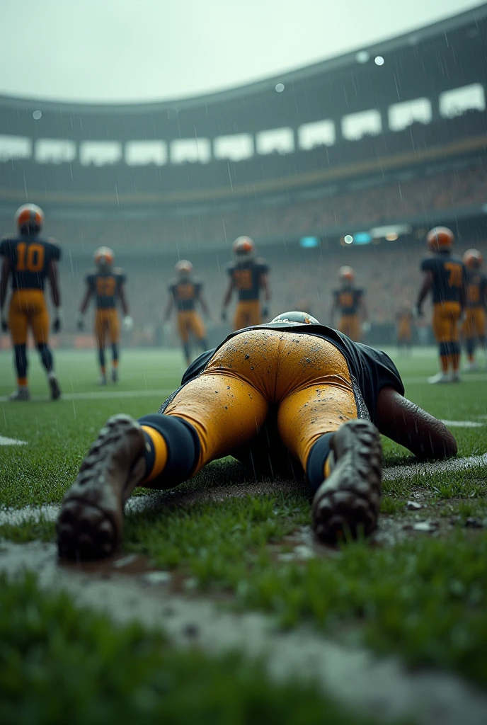 Imagine an American football field on a rainy day where there is a player covered in mud lying on the ground with his buttocks sticking out and his uniform torn, drawing the attention of the other players to himself..