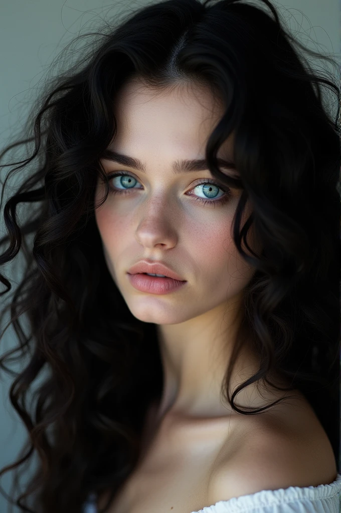 Black curly long hair realistic Caucasian pale model blue eyes
