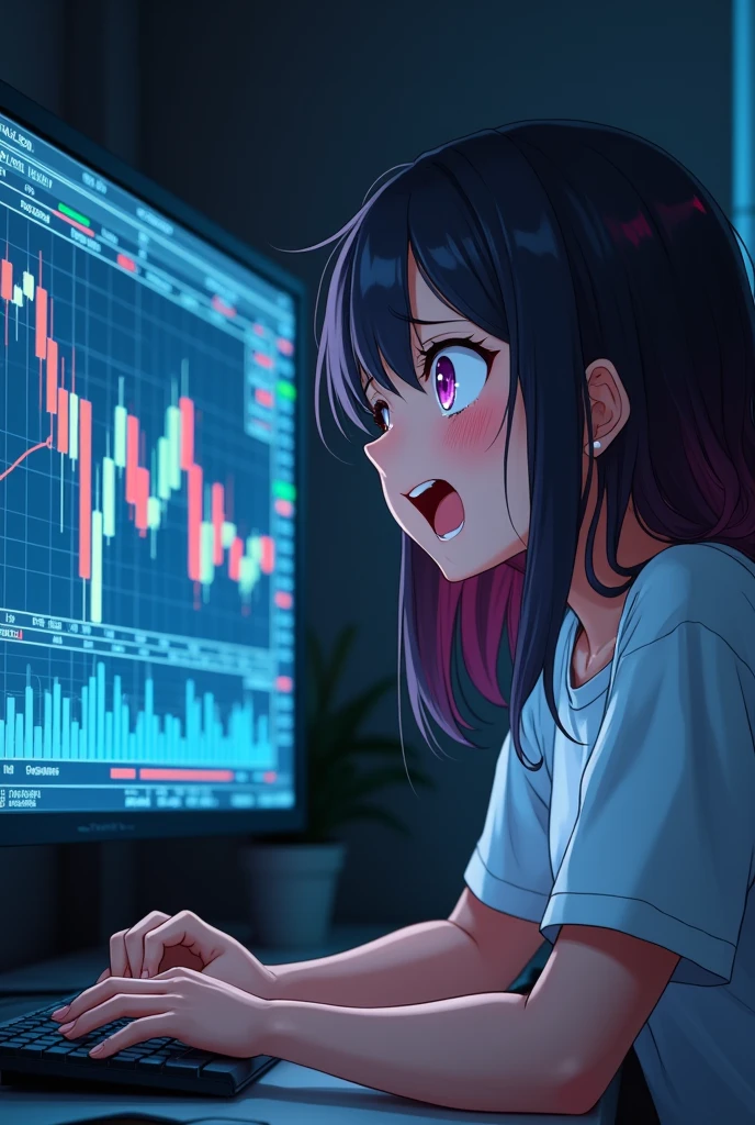 Bad trader,trend,Looking at the charts,PC is struggling,Japanese style anime woman,I'm disappointed,Crying loudly
