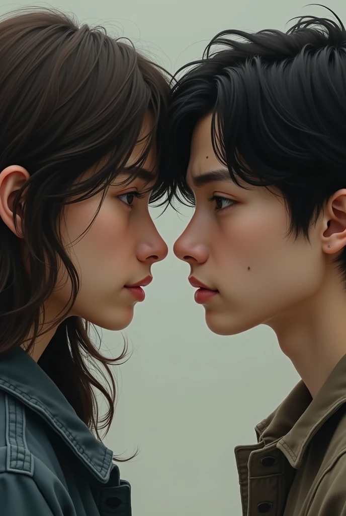 Teenager woman dark brown hair mole above lip and teenager man black wavy hair separated and sad 