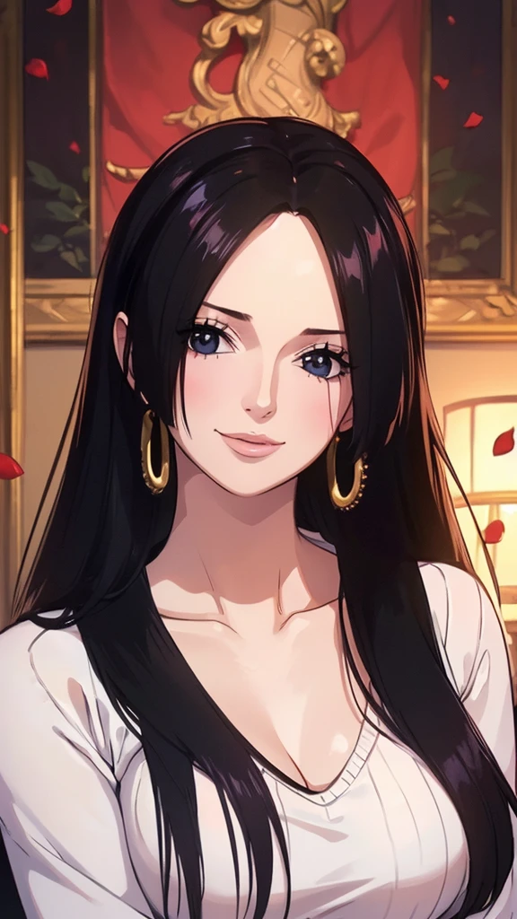 best quality, masterpiece, highly detailed,1girl,  ((rose)), (vine), cage, bandage, red rope, (detail light), falling rose petals, Boa Hancock,, (masterpiece:1.5), Detailed Photo, Smiling,(8K, Photorealistic, Best Quality: 1.4), (1girl), Beautiful Face, (anime realistic Face), (Black Hair, long Hair: 1.3), Beautiful Hairstyle, Realistic eyes, beautiful detail eyes, (realistic skin), beautiful skin, (sweater), absurd, attractive, ultra high resolution, ultra realistic, high definition, golden ratio,