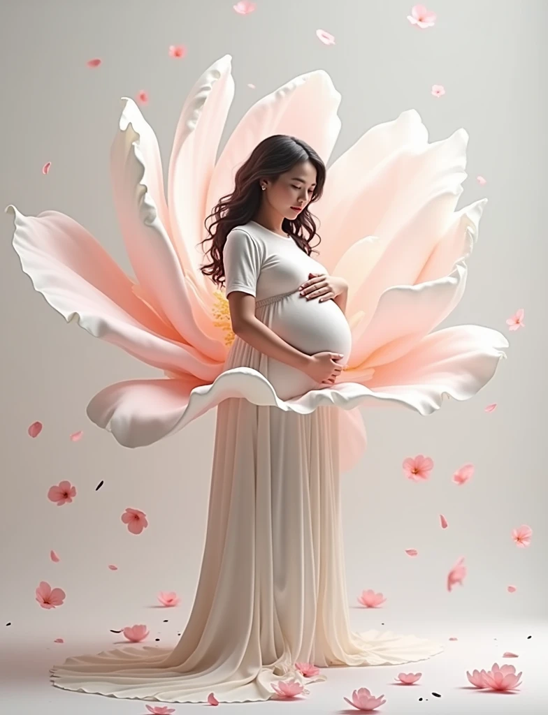 pregnant woman very big flower in background model marge with background some flower leaf comming on model , leaf flowting in air , white background, flower should be red , red flower , girl marge in background with flower pregnant woam covoer with flower , very beautful effect like a dreamy