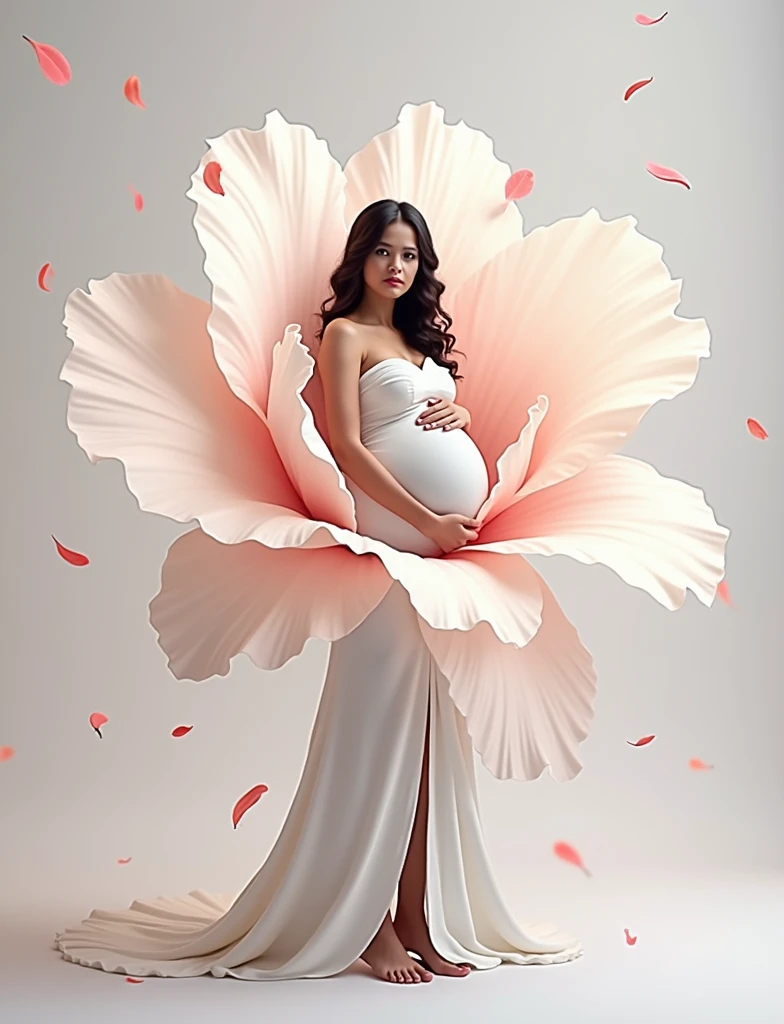 pregnant woman very big flower in background model marge with background some flower leaf comming on model , leaf flowting in air , white background, flower should be red , red flower , girl marge in background with flower pregnant woam covoer with flower , very beautful effect like a dreamy