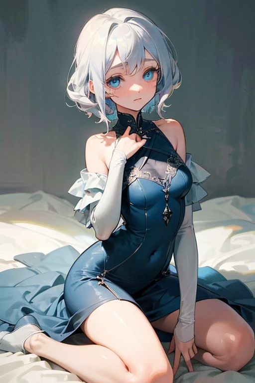 (Masterpiece: 1.5, Best Quality, High Resolution: 1.3, Super Resolution, Super Detailed, Ultra Detailed: 1.3, Perfect Anatomy:1.5, 1 female) pale skin + short white curly hair + delicate blue eyes + long eyelashes + feminine figure (fallen veil, modest large dress, no skin showing, kneeling) ((open eyes, shy expression, luminous eyes))