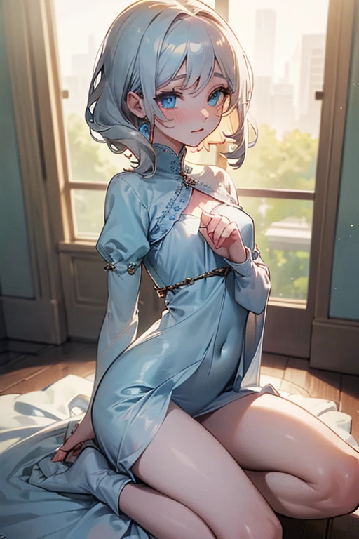 (Masterpiece: 1.5, Best Quality, High Resolution: 1.3, Super Resolution, Super Detailed, Ultra Detailed: 1.3, Perfect Anatomy:1.5, 1 female) pale skin + short white curly hair + delicate blue eyes + long eyelashes + feminine figure (fallen veil, modest clothing, dress large, no skin showing, kneeling) ((open eyes, shy expression, luminous eyes))