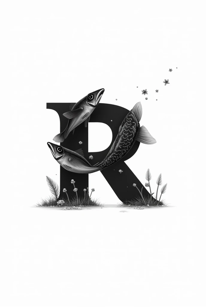 A lowercase letter r with a fish theme drawn in black and white for advertising with a white background 