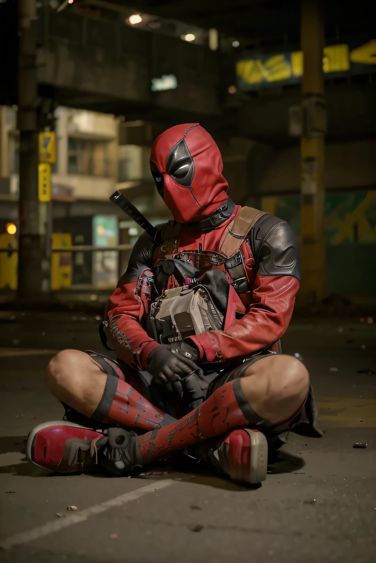 (Best quality, 8k, 32k, Masterpiece, UHD:1.2) To transform the setting of the image into the iconic freeway overpass scene from the first Deadpool movie, imagine an urban, gritty environment. The overpass is a concrete giant, with multiple lanes of traffic either side of the central divider. The concrete walls are stained with years of wear, and the road surface is cracked in places, showing signs of heavy use. Above, the sky is a cloudy gray, adding to the grimy atmosphere. The overpass rises above a chaotic mix of roadways below, crisscrossed with smaller roads and alleys.
Lining the sides of the freeway, you might see rusted metal barriers, graffitied and dented from countless collisions. In the distance, tall, nondescript buildings loom, their windows reflecting the dim light. The scene is tense, with an underlying sense of danger, as if something explosive is about to happen. The setting is stark, with minimal distractions, drawing all attention to the center where the action is about to unfold.
Everything about this environment screams urban decay and imminent chaos, a perfect stage for Deadpool’s outrageous and chaotic battle. The whole atmosphere is raw and unrefined, perfectly matching Deadpool’s irreverent and over-the-top style.